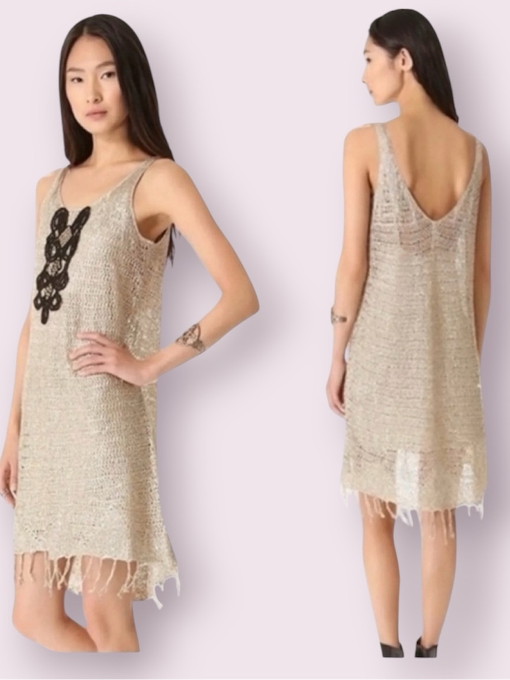 Free People Gold Metallic Crochet Mini Dress Sleeveless Sequins Fringe Medium